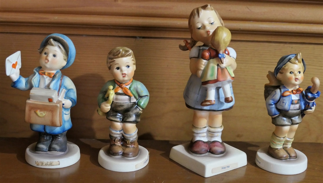 4 Goebel Hummel Figures - "Postman" "Trumpet Boy" "Home from Market" and "Kiss Me" 