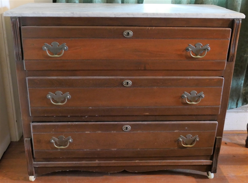 Victorian Marble Top 3 Drawer Chest - Measures 33" tall 39" by 15 1/2" 