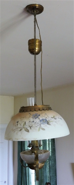 Victorian Hand Painted Pull Down Oil Lamp - Has Been Electrified - Not Drilled - Blue Florals on Glass Shade - Buyer Must Take Down 
