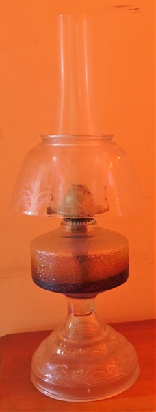 Pressed Glass Oil Lamp with Early Acid Etched Glass Shade - Lamp Measures 10" to Burner Shade Measures 4" 