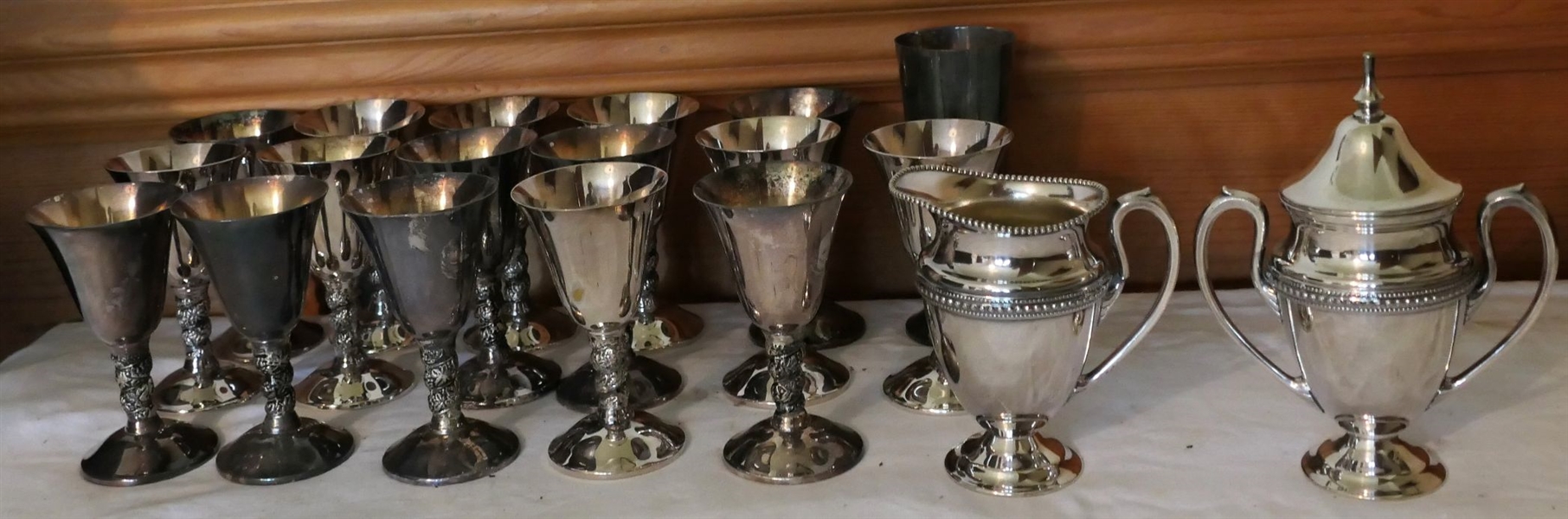 Lot of Silverplate Items including 16 Matching Footed Wines, Cream and Sugar - Wines Marked Plator Made in Spain - Each Measures 5" Tall 