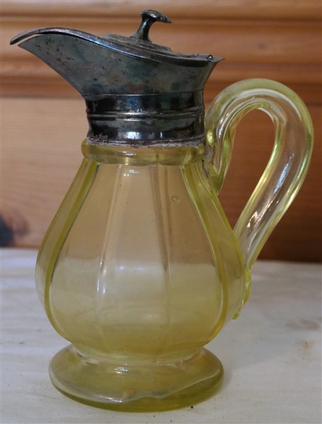Yellow Paneled Glass Syrup Pitcher with Silverplate Lid - Measuring 5 3/4" Tall 