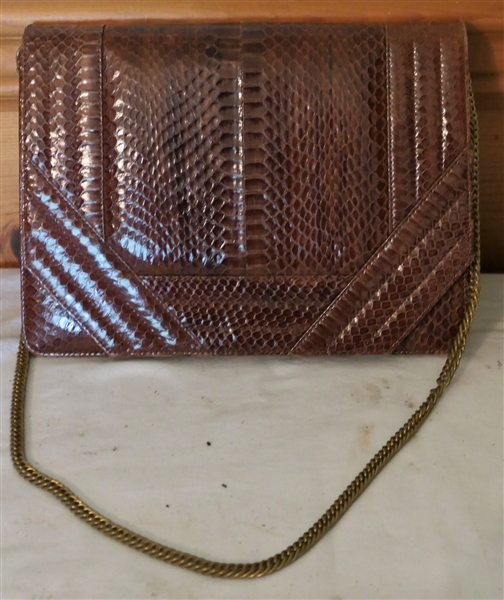 Brown Leather / Snakeskin Purse with Chain Strap - Measuring 7 1/2" tall 10 1/2" by 1 1/2" 