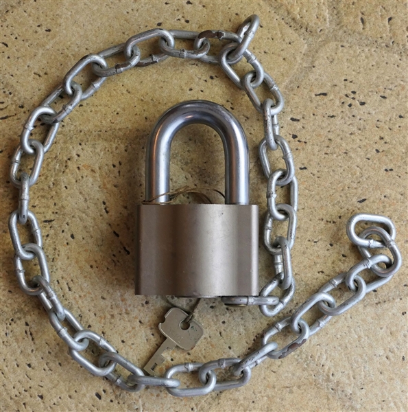 Sargent & Greenleaf Inc. LARGE Padlock with Chain and Key - Marked SG 01 44 - Lock Measures 4 1/2" Tall 2 3/4" by 1 1/4" 