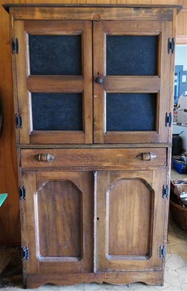 Country Poplar 8 Tin Pie Safe with Drawer and Blind Cabinet At Bottom - 8 Punched Tins - Measures - 68" Tall 36" by 18 1/2"  - NO CONTENTS