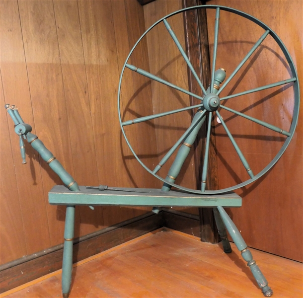 Large Spinning Wheel - Pegged Construction - Blue Painted with Gold Details - Measuring 61" tall 60" Across