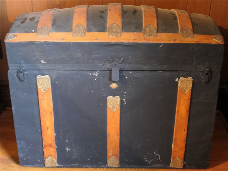 Nice Round Top Trunk with Tray -Hunt Scene Label on Inside of Lid - Measures 26" Tall 34" by 19" - 1 Leather Handle Is Broken - Very Clean inside