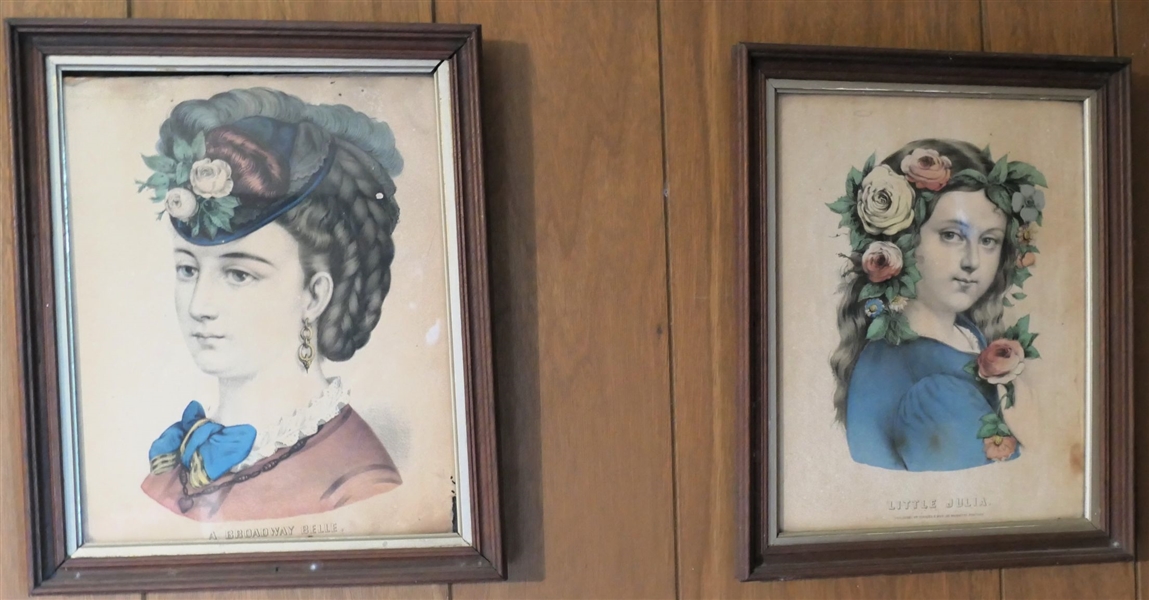 Pair of Currier and Ives Prints in Walnut Frames with Original Wavy Glass - "A Broadway Belle" and "Little Julie" Each Frame Measures 16" by 13 1/2" 