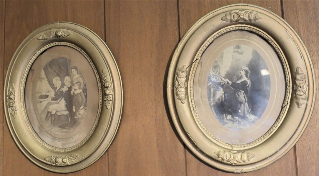 Pair of Oval Gold Gilt Frames with Antique Prints - "Washington and His Family" and "Joan D Arc" - Frames Measure 14" by 12" - Joan D Arc Frame Has Some Cracking - See Photo