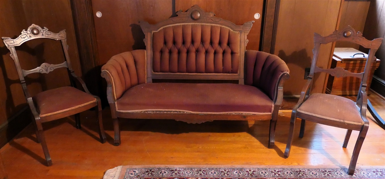 Walnut Victorian Parlor Set - Sittee and 2 Side Chairs - Sittee Has Fine Button Tufted Back - Measures - 39" tall 55" Long - Upholstery Trim on Front of Sofa is Loose 