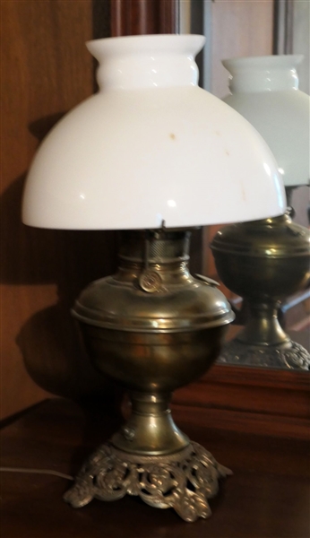 Brass Oil Lamp Style Table Lamp with Milk Glass Shade - Made in USA - Measures 17" Overall