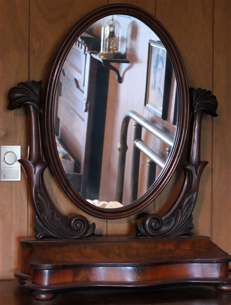 Beautiful Flame Mahogany Dresser Mirror with Lift Top Bottom - Dolphin Carved Frame - Bun Feet - Measuring 33" Tall 25" by 12" - 28" by 19"