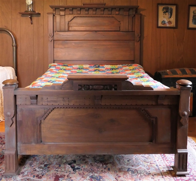 Walnut Victorian Queen Sized High Back Bed - Unusual Castors on Feet- Wood Rails - Some Minor Veneer Loss on One Rail - With Bedding - 