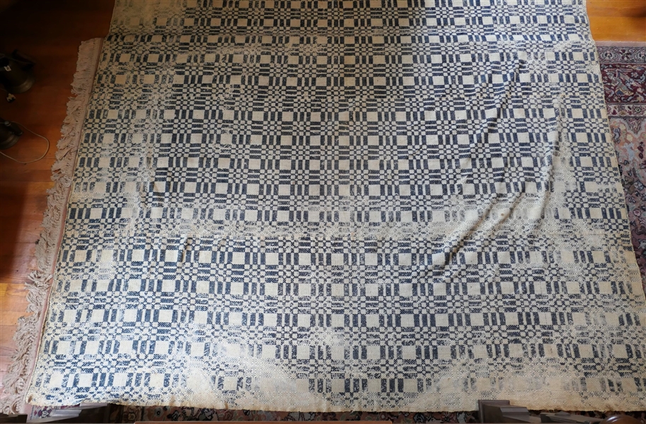 3 Piece Hand Loomed Blue and White Coverlet - Made in Suffolk Virginia - Measures 80" by 95" - Some Wear - See Photos
