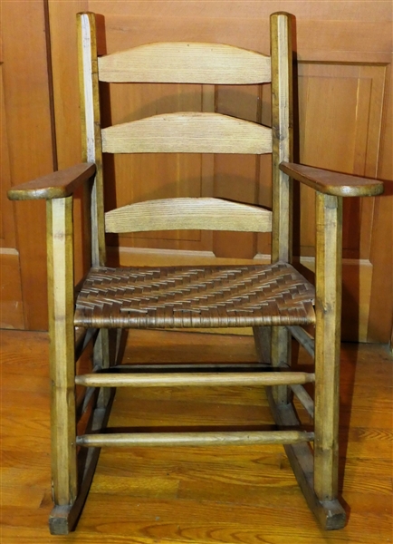 Unusual Handmade Country Primitive Oak Rocking Chair with Octagon Carved Posts - Oak Split Seat