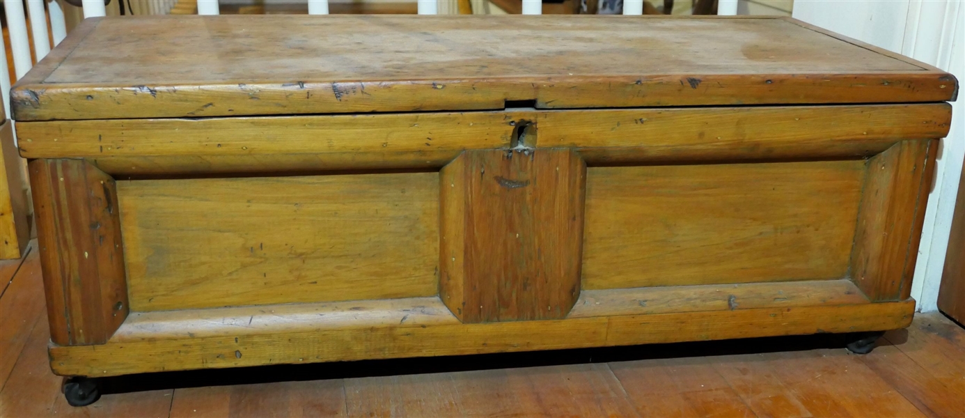 Nice Wood Tool Chest with Tray and Antique Wood Working Tools - Chest Has Nice Metal Handles and Casters - Tools include Square, Chisels, Rulers, Scribe, Wood Planes, Measuring Wheel, Large  Axe...