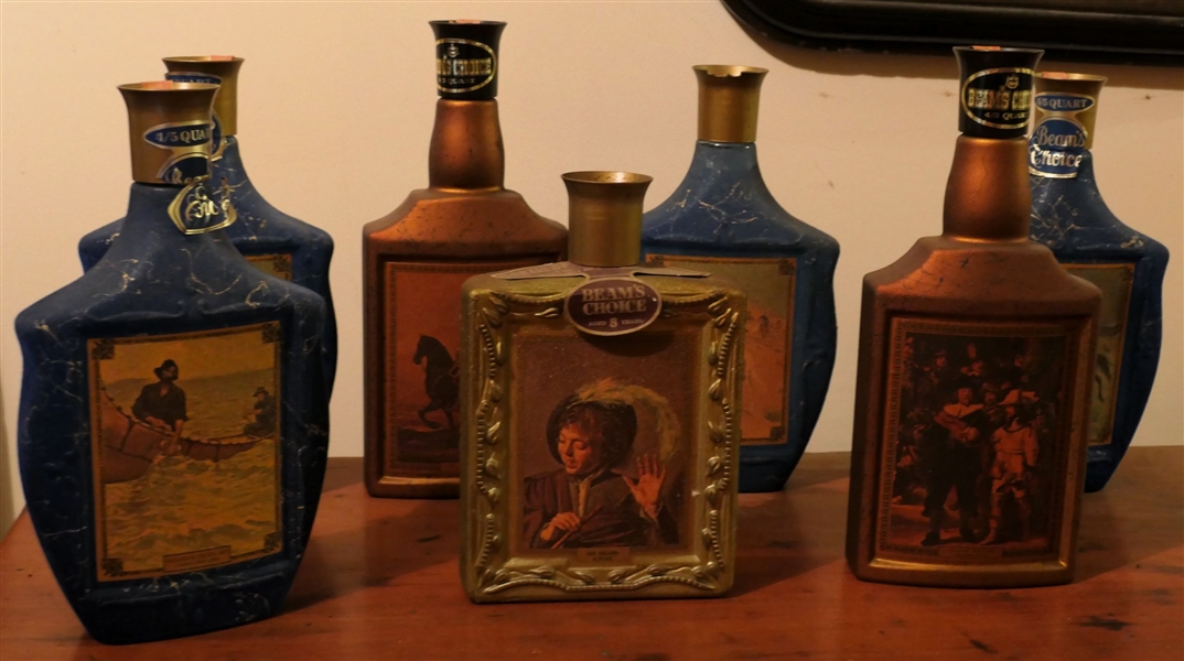 7 Beams Choice - Jim Beam Bottles - With Scenes on Front - 4 Blue Flocked Bottles and 3 Others 