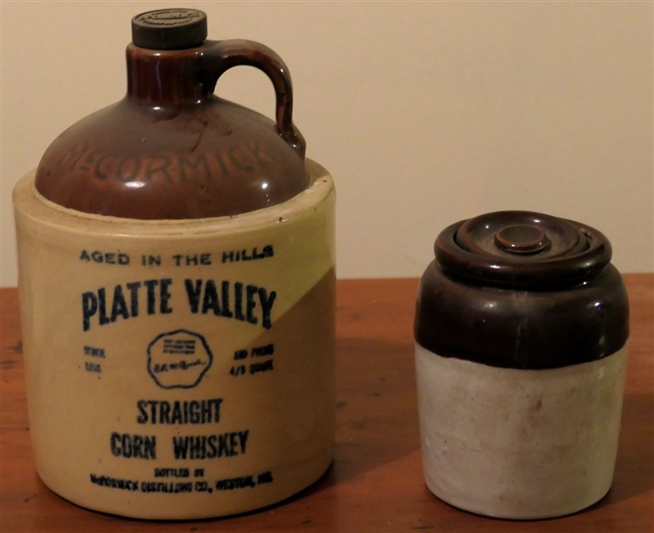 McCormick "Platte Valley" Corn Whiskey Brown and White Jug and Small Brown and White Stone Jar with Lid - Jug Measures 7" Tall 