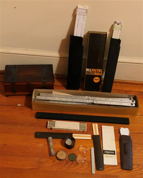 Lot of Drafting Tools - Slide Rules, Pantograhp No. 1290, Lenses, All Metal Slide Rule, Etc. And Small Cedar Trinket Box with Metal Trim 