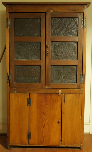 Country Pine 12 Tin Pie Safe - 12 Punched Tins - Blind Door At Bottom - Measures 73" tall 42" by 17" 