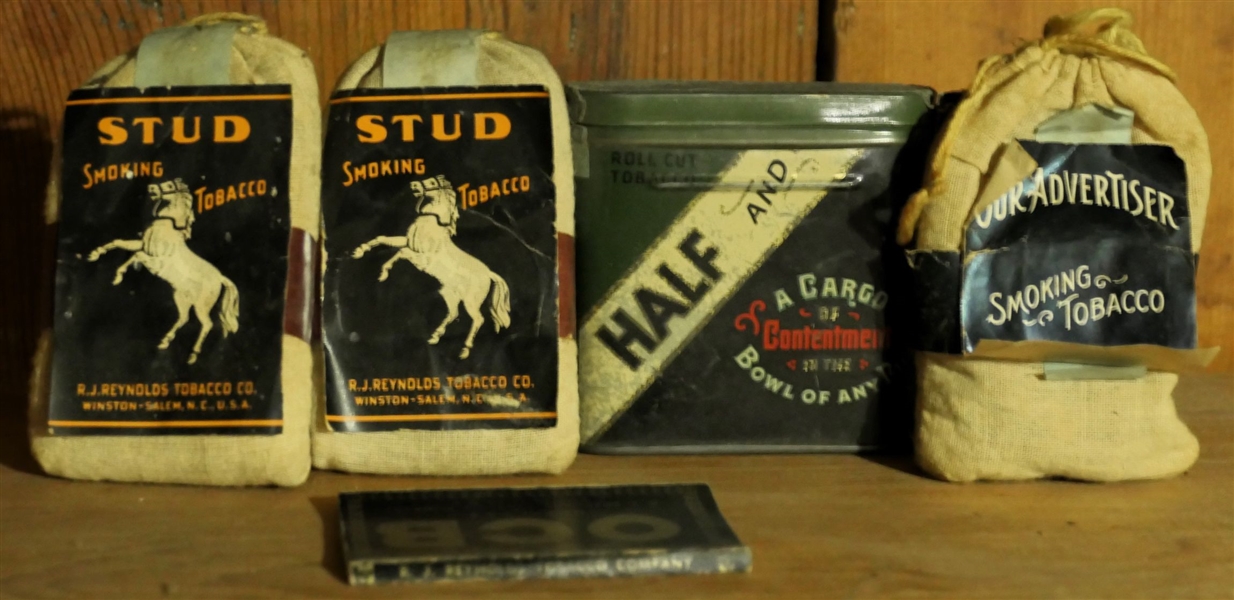 Half and Half Tobacco Tin, 2 - New Stud Smoking Tobacco Pouches - Full Unopened with Rolling Papers, and 1 R.J. Reynolds Tobacco Pouch - Winston Salem NC - With Tobacco 