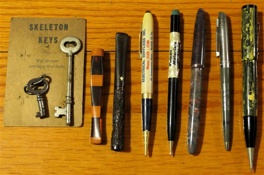 Lot of Pens, Pencils, and Keys including Parker Pen & Pencil with 14kt Gold Nib, Vulcan Materials Company - Pencil, Electrical Suppliers INC, Pencil, R.H. Crews Pen, Drinkless Tobacco-Yello, and...