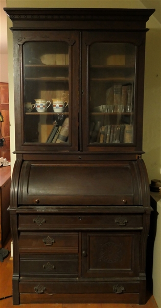 Victorian Oak C Roll Secretary - Glass Cabinet Top with Shelves - 4 Drawers and Cabinet at Bottom - 2 Pieces - Missing 1 Piece of Trim At Top Right Corner - Measures 83" Tall 39 1/2" by 24" 