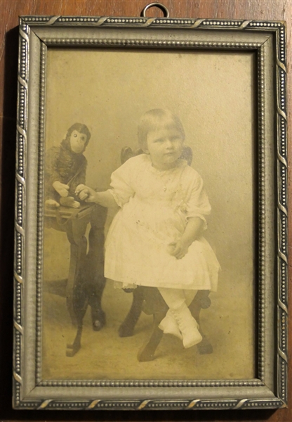 Photograph of "Florence Eleanor Nordin" Age 2 Years 2 Months Holding Hands with Steiff Monkey Toy - Framed -  Photo measures 6" by 4"