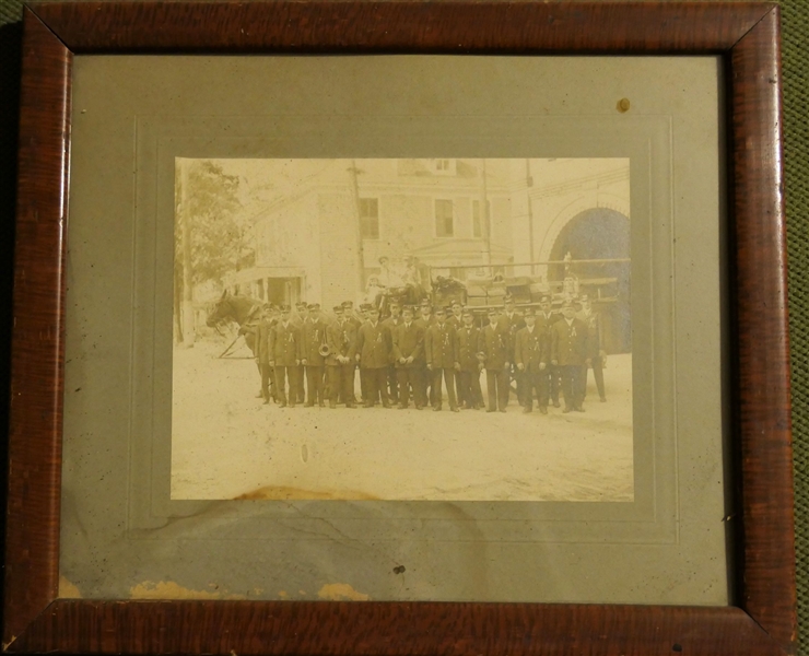 Early Framed Photograph of Men in Uniform In Front of Horse Drawn Wagon of Luggage / Trunks - Frame Measures 11 /2" by 13 1/2" Photograph Measures 6" by 8" 