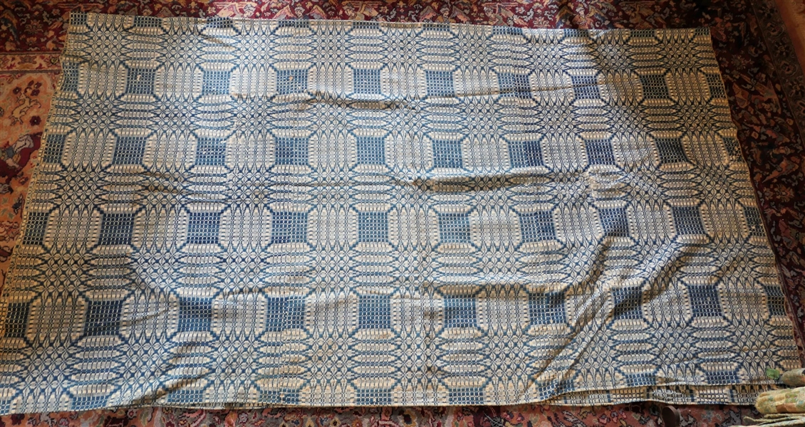 Beautiful Large 3 Piece Blue and White Hand Woven Coverlet - From Suffolk Virginia - Good Condition -measures 87" by 100" 