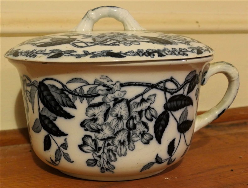 Hale Hall Pottery Co. England "Wisteria" Pottery Blue Transferware Ironstone Chamber Pot With Lid