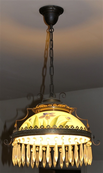 Hanging Light Fixture with Hand Painted Victorian Glass Shade with Crystal Prisms - Buyer Must Take Down 
