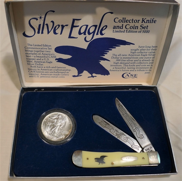 Case XX Silver Eagle Collector Knife and Coin Set - Limited Edition 1 of 5000 - In Original Fitted Box -  Double Blade Knife and 1987 Silver American Eagle .999 Silver Coin 