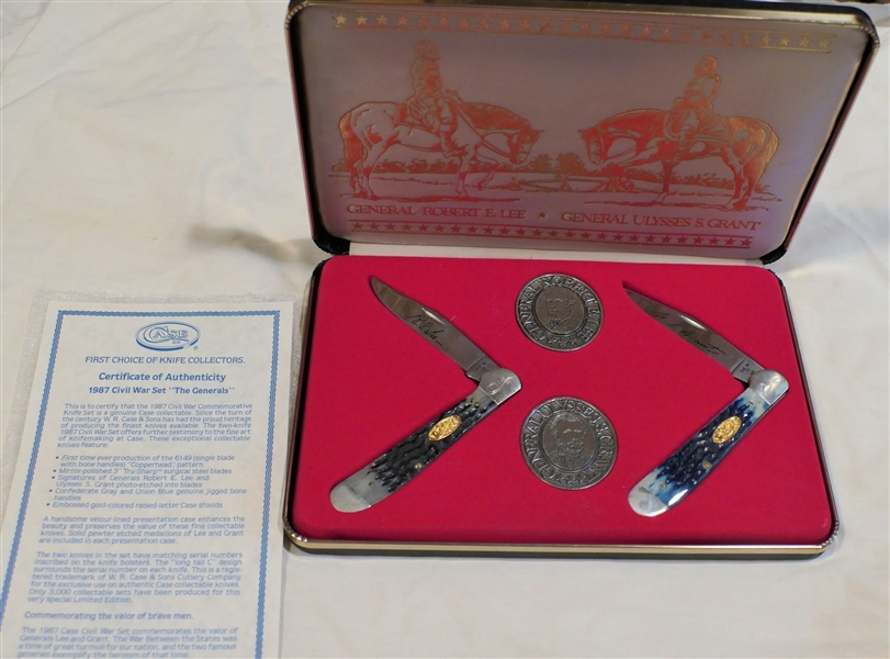 Case XX "The Generals" 1987 Civil War General Robert E. Lee & General Ulysses S. Grant Limited Edition Commemorative Knife Set - 2 Knives in Fitted Case with Original Certificate 