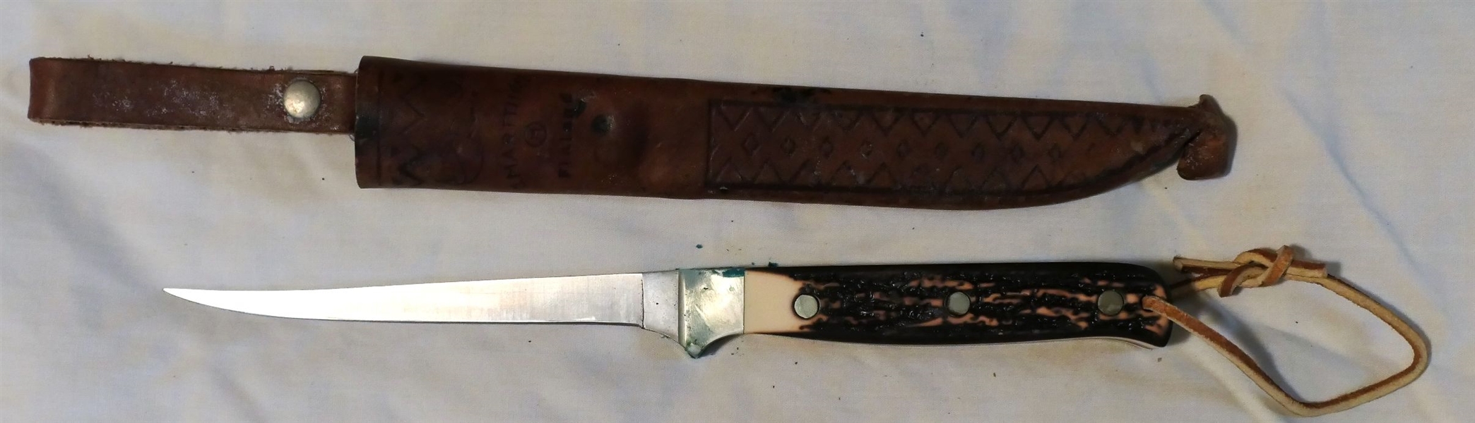 Schrade "Uncle Henry" Fish Fillet Knife - Number 168 - In Leather "J. Marttiini - Finland" Sheath - Knife Has Stag Handle - Measures 10"  Long