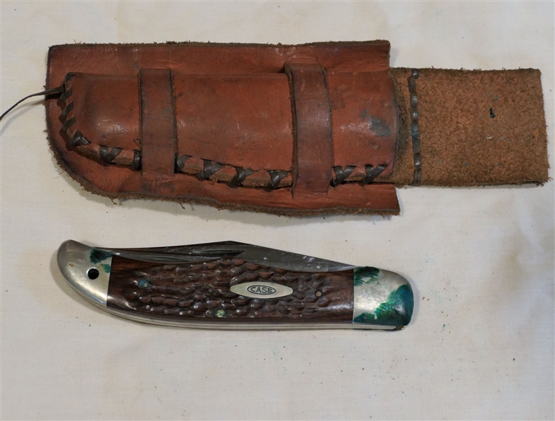 Case XX - 2 Blade Folding Knife - Number 6265SAB  - With Leather Sehat - Some Green Oxidation - Needs Cleaning - Knife Measures 5 1/4" Long 