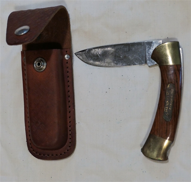 Boker Solingen Germany "Hardware Industry" 1979 LTD. - Stainless Steel Knife with Wood Handle - Leather Sheath - Knife Measures 4 3/4" Long