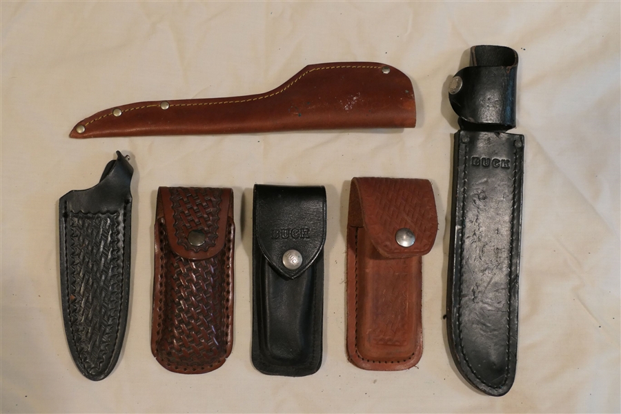 6 Leather Knife Sheaths / Holders - 2 Black Leather Buck, 1 Leather Filet Knife Sheath, and 3 Others with Basketweave Pattern