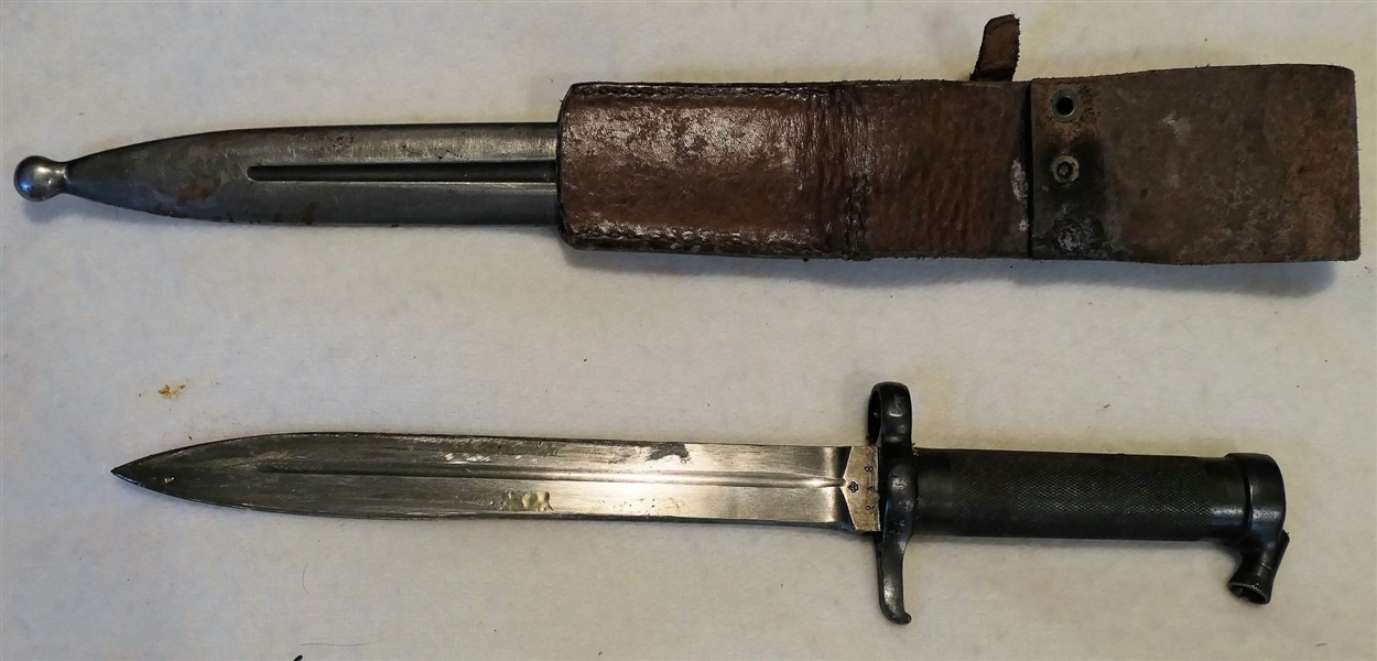 Unusual Bayonet With Leather and Metal Sheath - Blade Marked with Crown - Number 248 - Sheath Marked with "B" - Bayonet Measures 13" Long