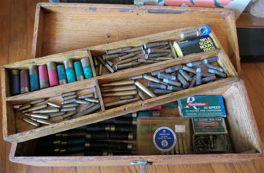 Nice Oak Tool Box with Lift Out Tray - With Mixed Lot of Ammon and Remington Empty Box, Remington Kleen Bore .32 Partial Box, and Rifle Scope Mount