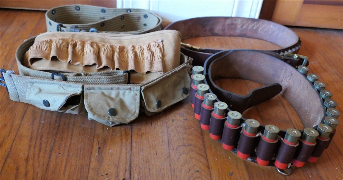 Lot of Belts, Ammo Belts, and Belt Pouch - 2 Leather Ammunition Belts - Rocky Mountain 12 Gauge, Rocky Mountain 138 Medium, Military Belt, and 2 Others - Pouches Have Some Deterioration 