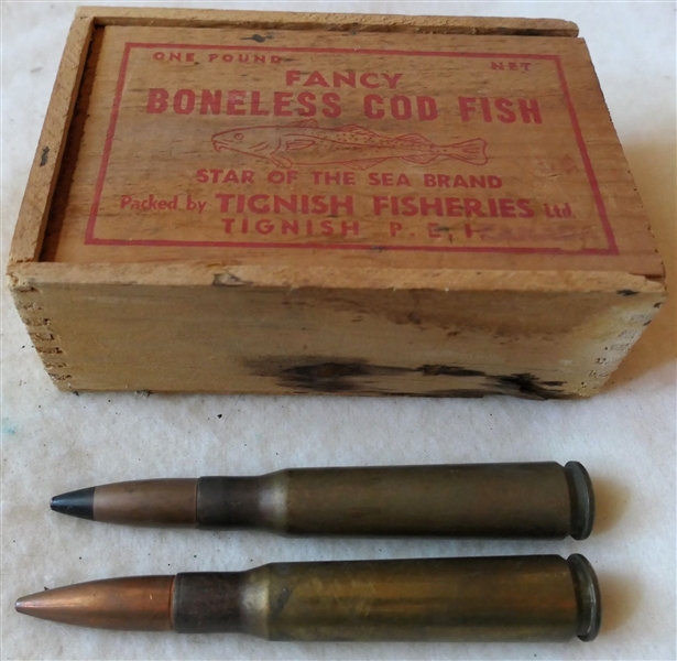 Fancy Boneless Cod Fish Wood Box with 2 Large Bullets - One Marked LC 43 and One Marked RA 52