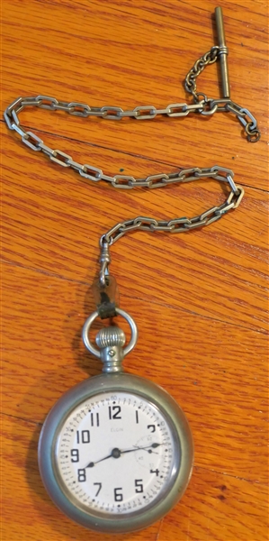 Elgin National Watch Co. Biscuit Case Pocketwatch - Serial Number 8794164 - Unusual Second Dial Placement - Applied Train on Back of Case - Running with Watch Chain 