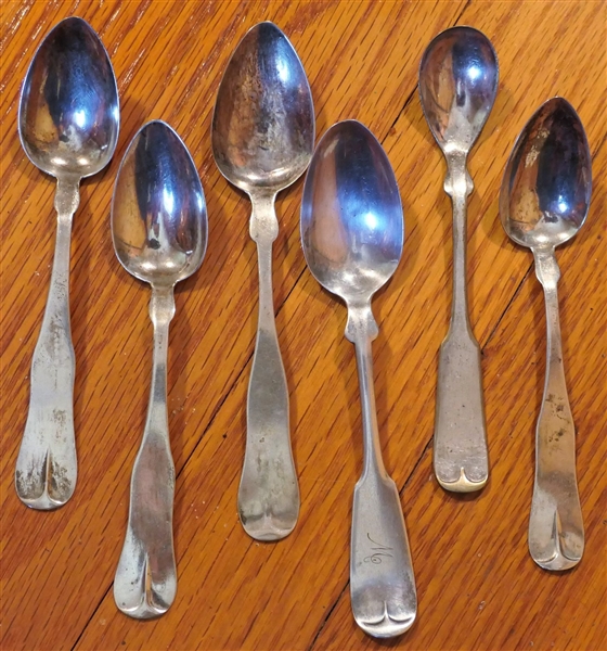 6 Silver Tea Spoons - 3 Coin Silver Marked N&TF, 1 Coin Silver Marked Farrington & Hunnewel, 1 - WB Sterling, and 1 A1 Silverplate - Silver Spoons are Monogrammed