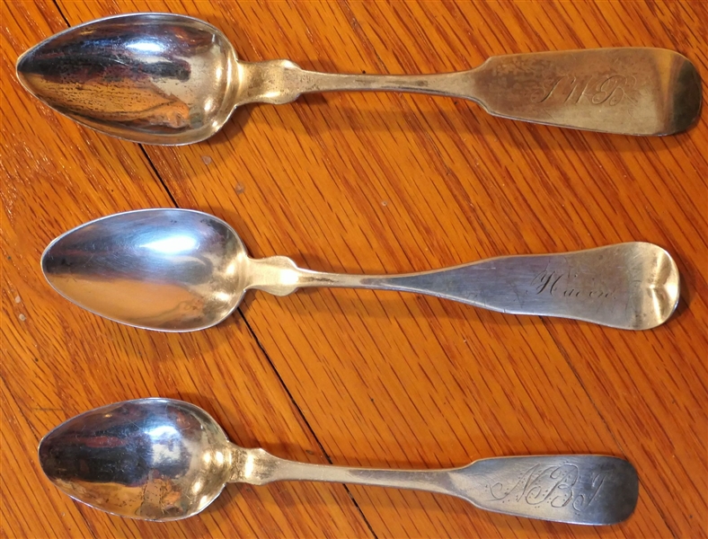 3 Coin Silver Teaspoons Makers include Sexton & Whitaker, N. Matson Pure Coin, and Hildeburn - Each Spoon Measures 