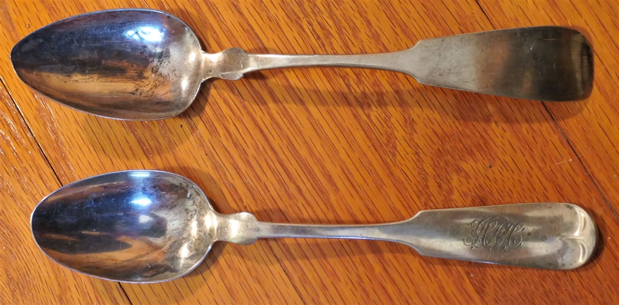 2 Coin and Sterling Silver Tablespoons - Harrington & Hunnewell - Boston and W.H. Mortimer - Sterling - Monogrammed - Both Measure 8" Long 