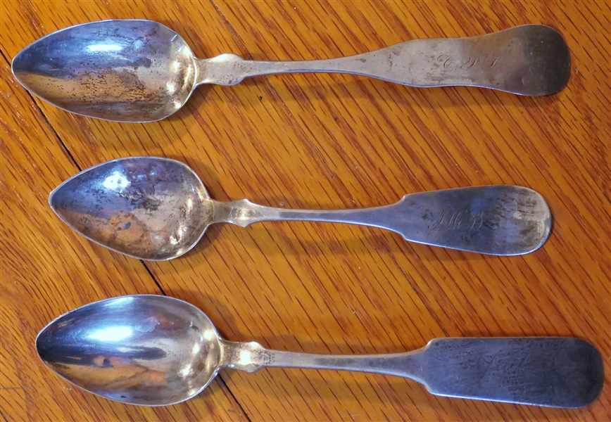 3 Coin Silver Teaspoons Makers Include Wm. H. Thompson - Pure Coin, S. Huntington, and Lowell & Senter