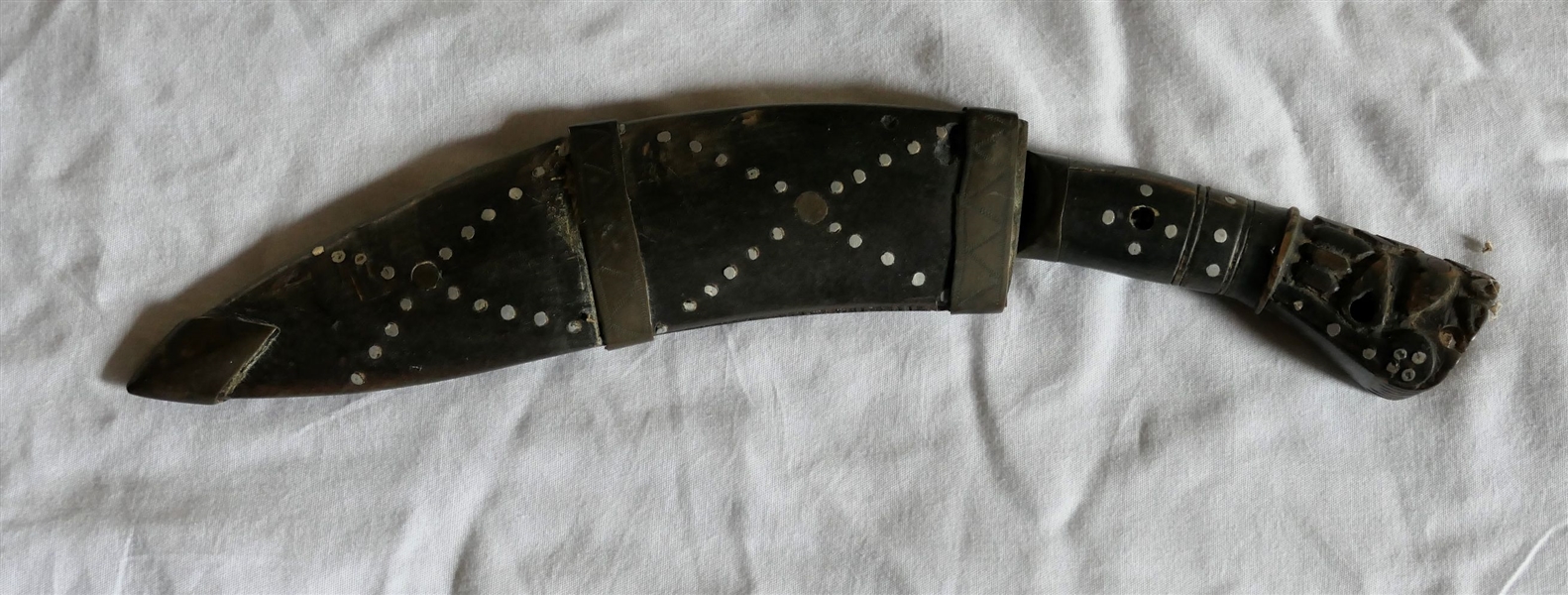 Foreign Knife with Horn Sheath and Handle - Curved Blade -Knife Measures 10 1/2" Long - 1 Metal Band Is Missing on Sheath 