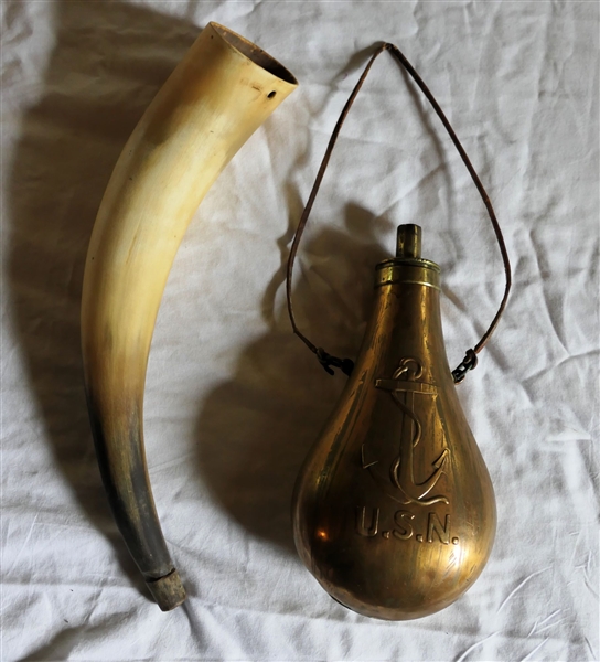 Brass USN - Navy Powder Flask and Horn Powder Horn - Navy Flask Measures 8 1/2" Long 4 1/2" Across - 1 Dent in Body 