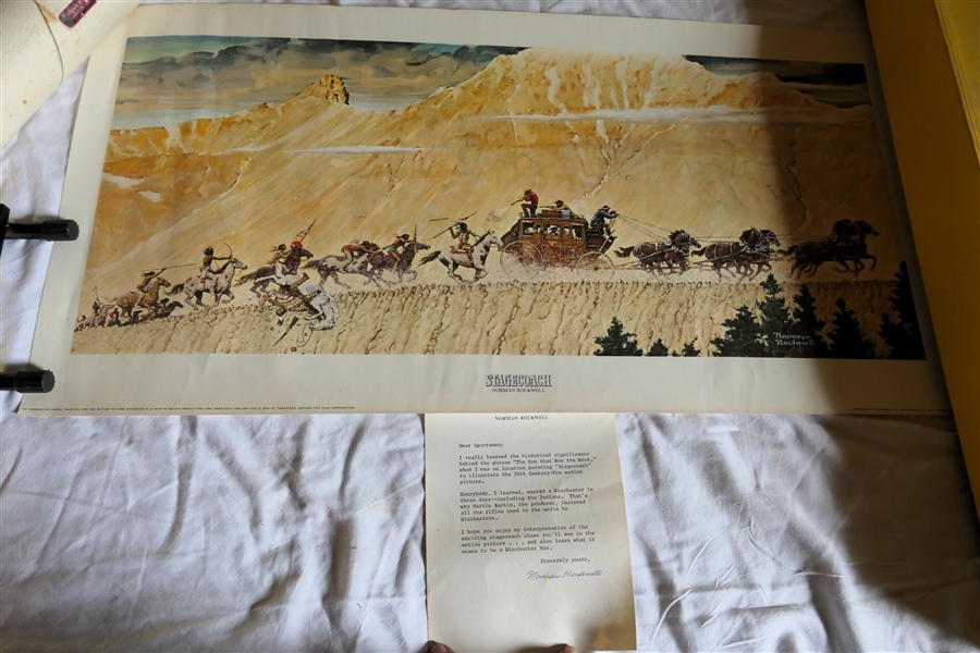 "Stagecoach" by Norman Rockwell Print - Reprinted by Winchester To Celebrated 100th Anniversary 1866-1966 - With Note From Norman Rockwell - In Original Winchester Shipping Tube 